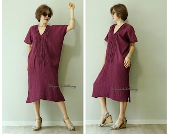 Oversize V Neck Dress Kaftan Dress Beach Women Summer Swimwear Cover Up Plus Size Dress Plum Cotton Loose Midi Kaftan Dress Tunic Dress LDB1