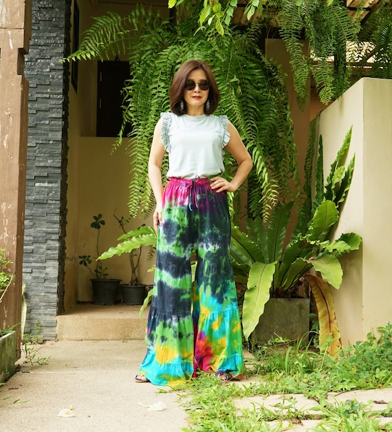Boho Hippie Wide Leg Tie Dye Pants, Flare Bottom Pants