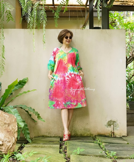 Boho Tie Dye Mini Dress: V Neck 3/4 Sleeve Cotton Festival Dress - LD82A
