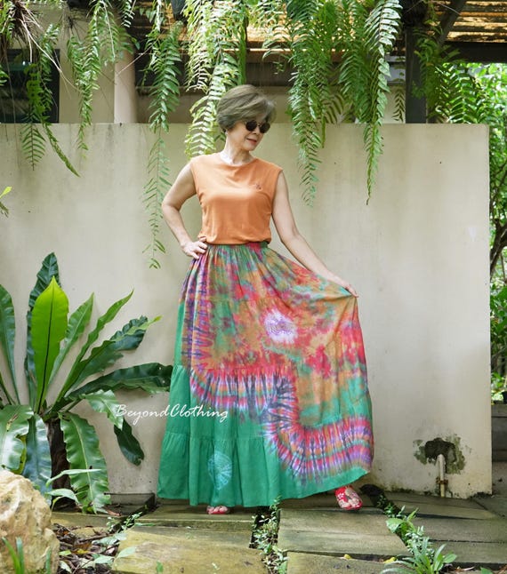 Boho Tie Dye Rayon Maxi Skirt: Reversible Elastic Waist, Summer - Main Image