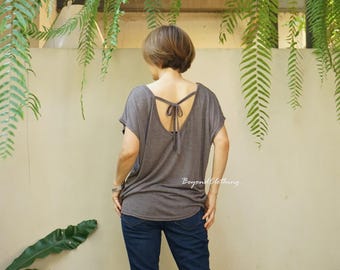 Dark Brown Cotton Blend Tee: Dolman Sleeve Top with Tie Back - LT06C