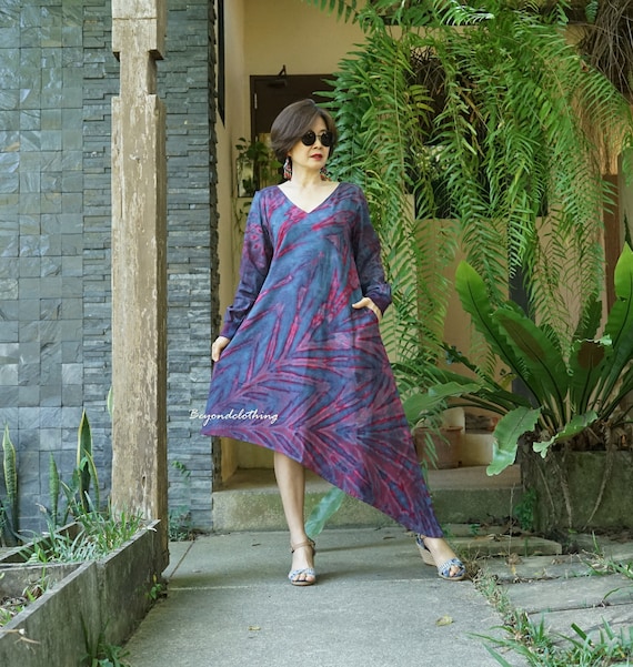 tie dye asymmetrical dress Tie-dye Long Sleeve Asymmetrical Dress With Ruffles
