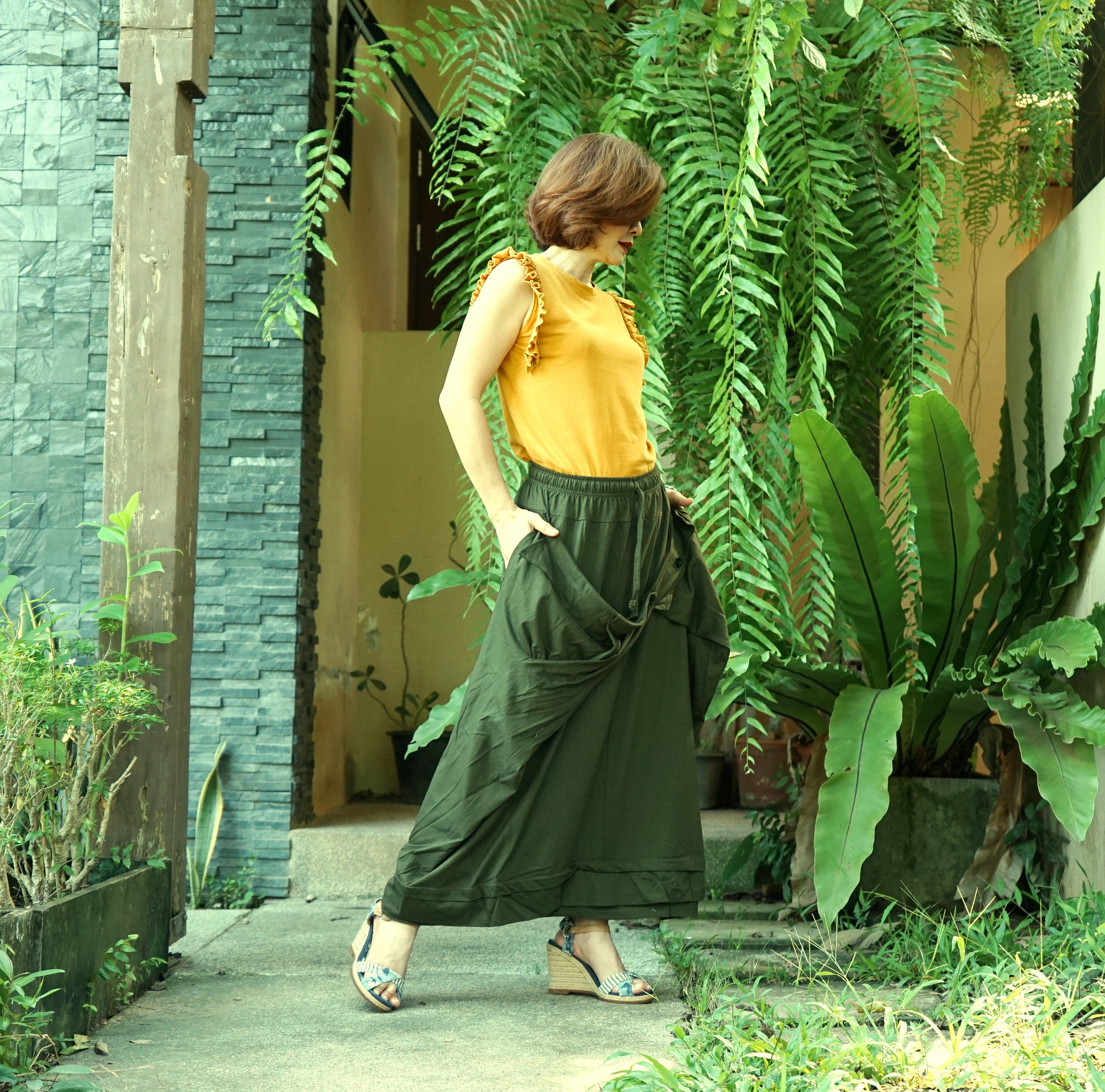 Boho Olive Green Convertible Skirt Pants: Cotton Harem Style LP024