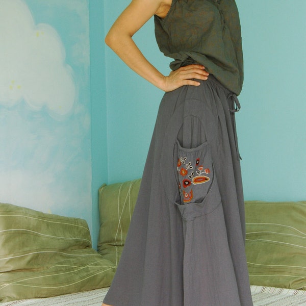 Look At Me Now II...Simply A Shaped Dark Grey Cotton Skirt With Floral Hand Embroidered Detail On Right Pocket