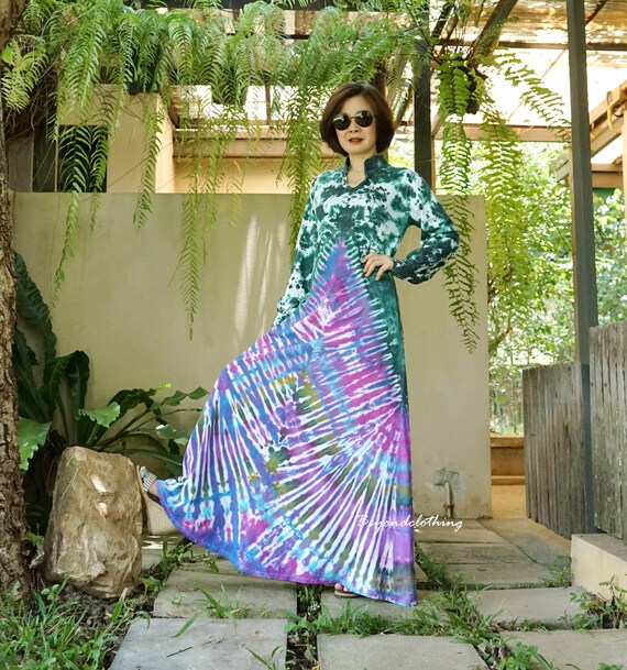 Boho Tie Dye Band Collar Long Sleeve Maxi Dress Hippie Bohemian