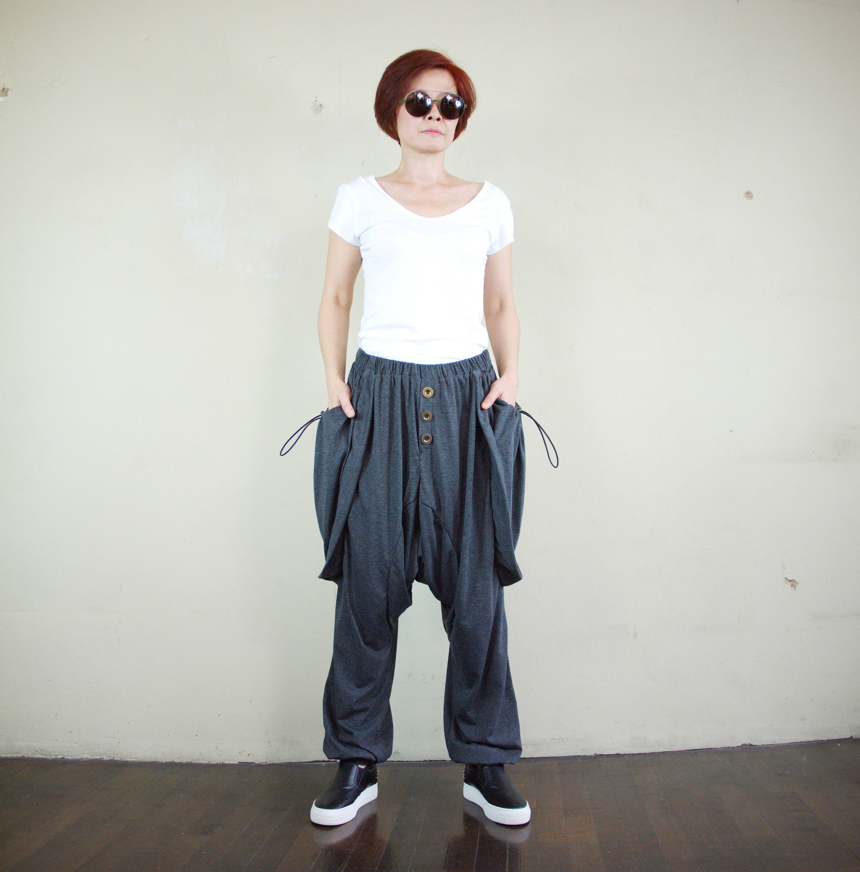 Funky Harem Drop Crotch Pants: Heather Gray Cotton Unisex Trousers