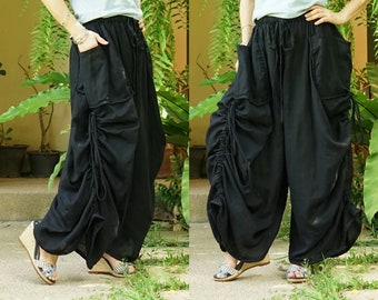 Love Me..Love Me Not IV - Black Double Gauze Cotton Wide Leg Boho Steampunk Pants Extravagant Pants With 2 Roomy Pockets & Side Ruching