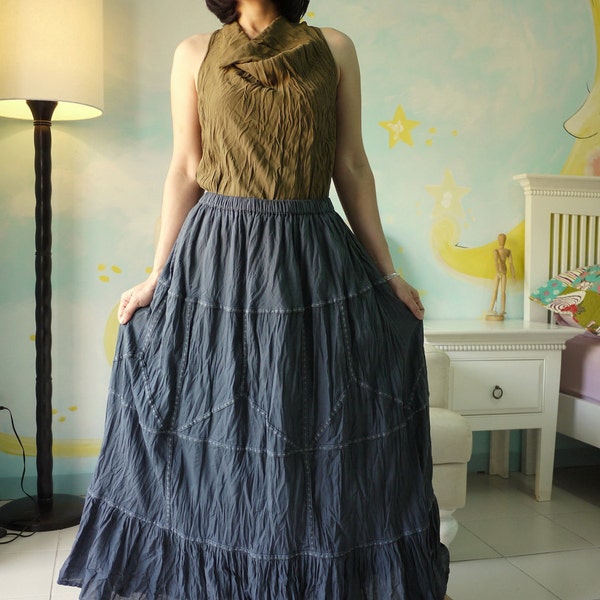 All Day Long - Boho Maxi Tiered Cotton Skirt Hand Dyed In Blueish Dark Charcoal