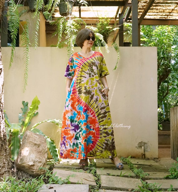 Plus Size Tie Dye Maxi Dress: Boho V Neck Cotton Resort Wear - TD4B