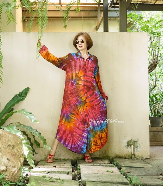 knee length dresses for ladies Tie Dye Long Sleeve Maxi Dress in Festival Black