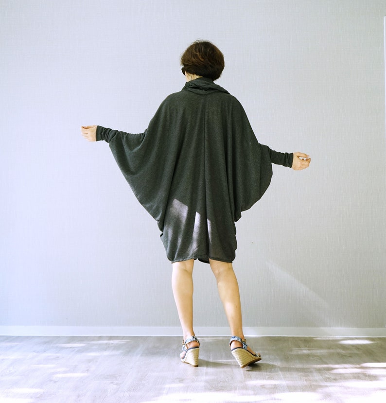 TN216 Oversize Funky Boho V Neck Longsleeve Hearther Black Viscose Sweat Tunic Sweater Dress Lagenlook Top With Scarf Slouch Dress Tunic