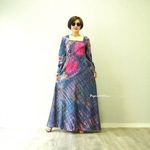 Boho Tie Dye Square Neck Long Sleeve Maxi Dress, Hippie Bohemian Maxi Dress, Rainbow Dress, Festival Clothing Extravagant Dress - LD13E
