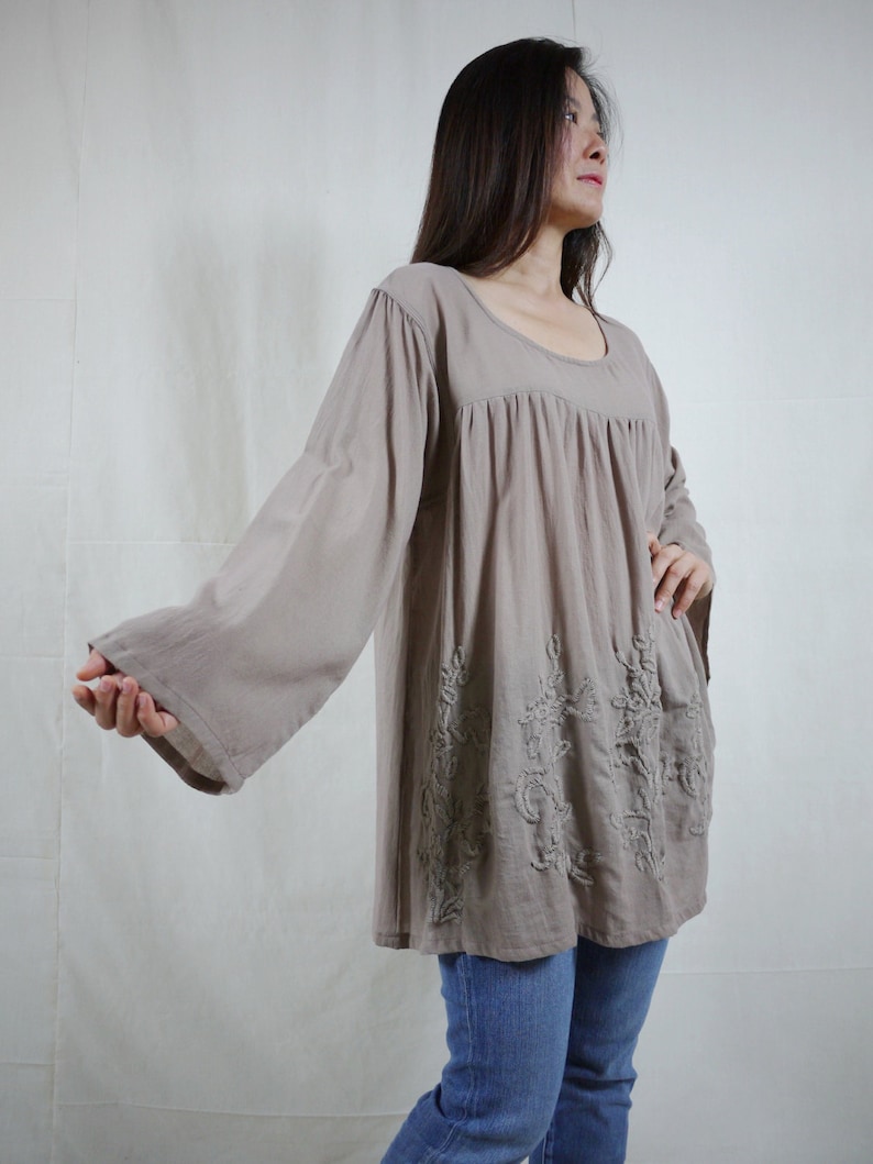Plus Size Bohemian Long Sleeve Azo Free Color Taupe Light Cotton Blouse With Hand-Embroidered Detail Blossom