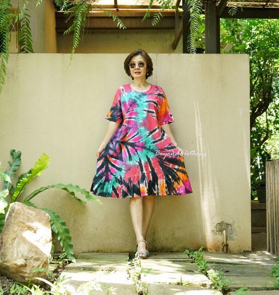 Hand Tie Dye Mini Dress: Rainbow Short Sleeve Ruffle Hem Cotton Festival Dress - LD77B Hand Tie Dye Mini Dress: Rainbow Short Sleeve Ruffle Hem Cotton Festival Dress - LD77B