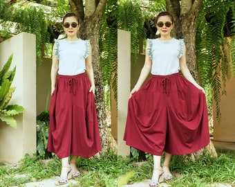 Boho Burgundy Pants, Pants Like Skirt, Super Wide Leg Pants, Loose Pants, Flare Pants, Plus Size Women Pants Extravagant Pants/Skirt -KNP-05