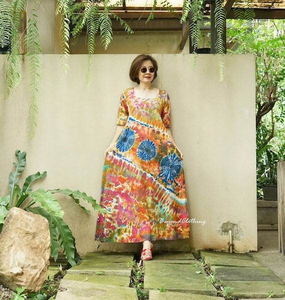 Boho Tie Dye Cotton Maxi Dress: Square Neck Festival Dress - LD66B