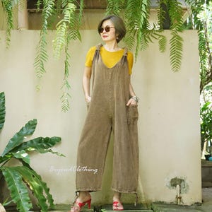 Boho Stonewashed Cotton Jumper Romper with Y-Back, Ruch Straps, 2-Way Drawstring Hem, Pockets, Comfy Hippie Jumpsuit, Festival Clothing JP7E