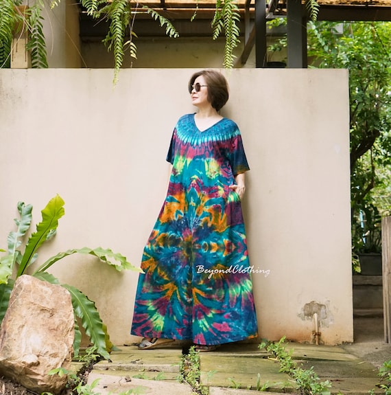 Boho Tie Dye Plus Size Cotton Dress: V Neck Holiday Resort Wear Festival Clothing - LD76B