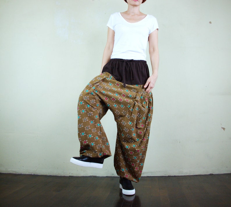 P069 Boho Funky Harem Drop Crotch Teal And Red Dot /& White Stitched Goldenrod Brown Cotton Men Women Freesize Pants With 2 Roomy Pockets