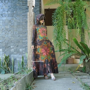 Boho Tie Dye Long Sleeve Hood Ruffle Hem Maxi Dress Tie Dye Cardigan Dress Hippie Bohemian Dress Festival Clothing - LD25D-2