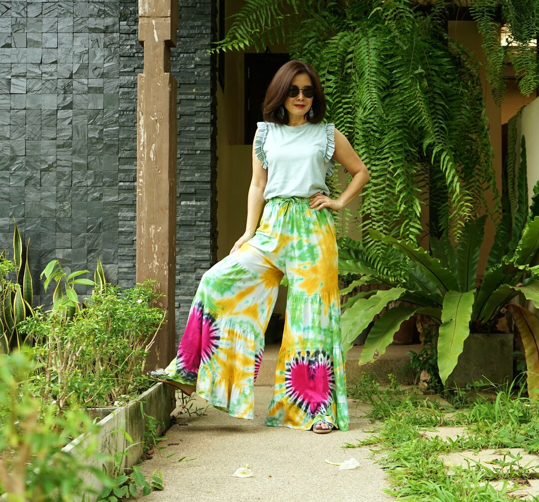 Boho Tie Dye Flare Pants: Ruffle Tiered Wide Leg Cotton Festival