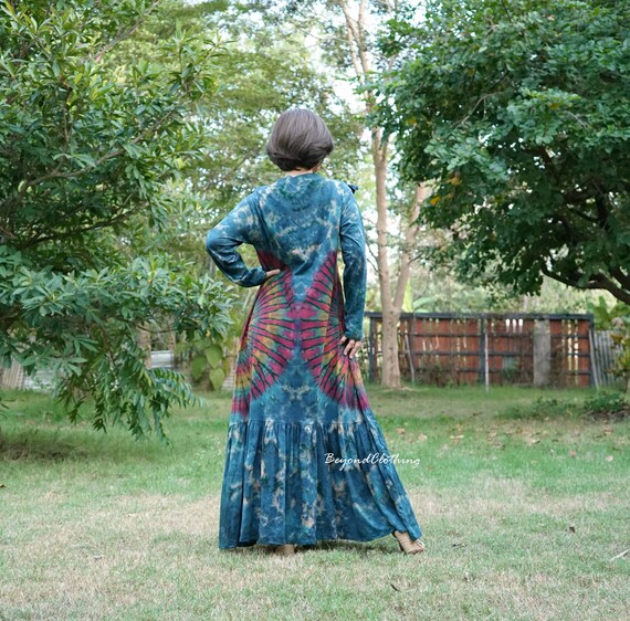 blue tie dye long sleeve dress Boho Maxi Dress: Ruffle Chest, Cotton - LD56A Color:Steel Blue SAT Birthday Dresses - Shop TG_C special occasion
