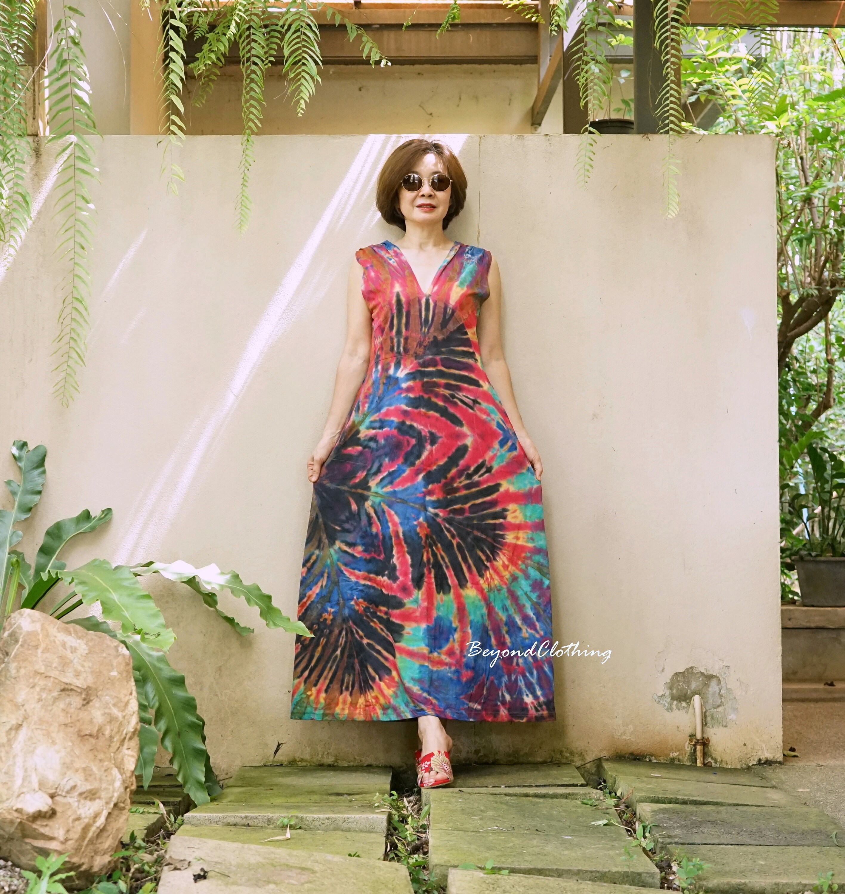 rainbow tie dye maxi dress Rainbow Tie Dye Maxi Dress: Sleeveless V Neck Cotton Festival Dress