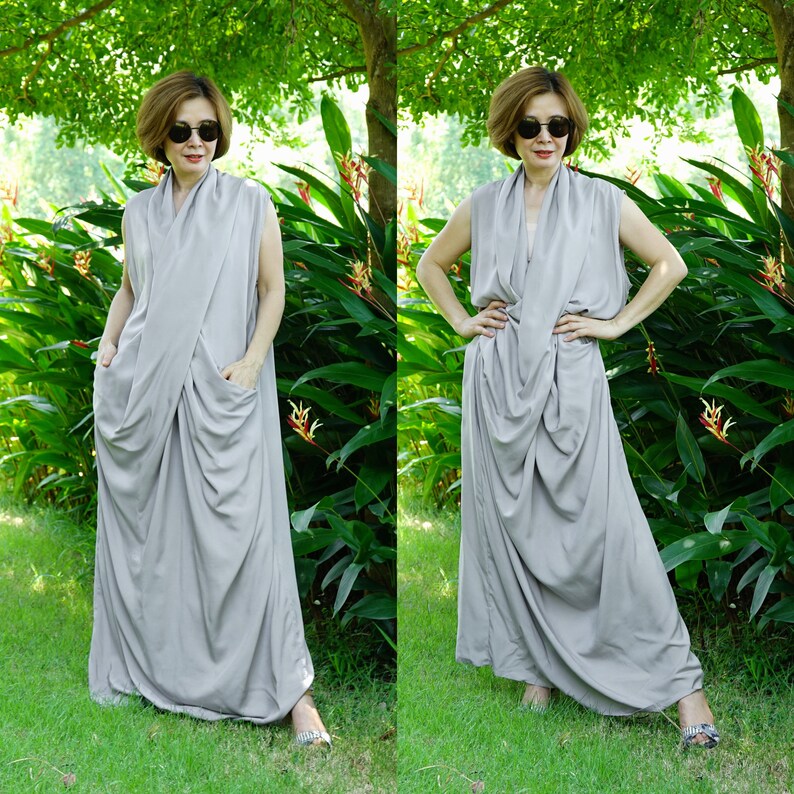 Women Loose Dress Twist Front Draped Deep Neck Sleeveless Gray Maxi Dress Party Dress Cocktail Dress Loose Beach Dress Womens Tall Clothing