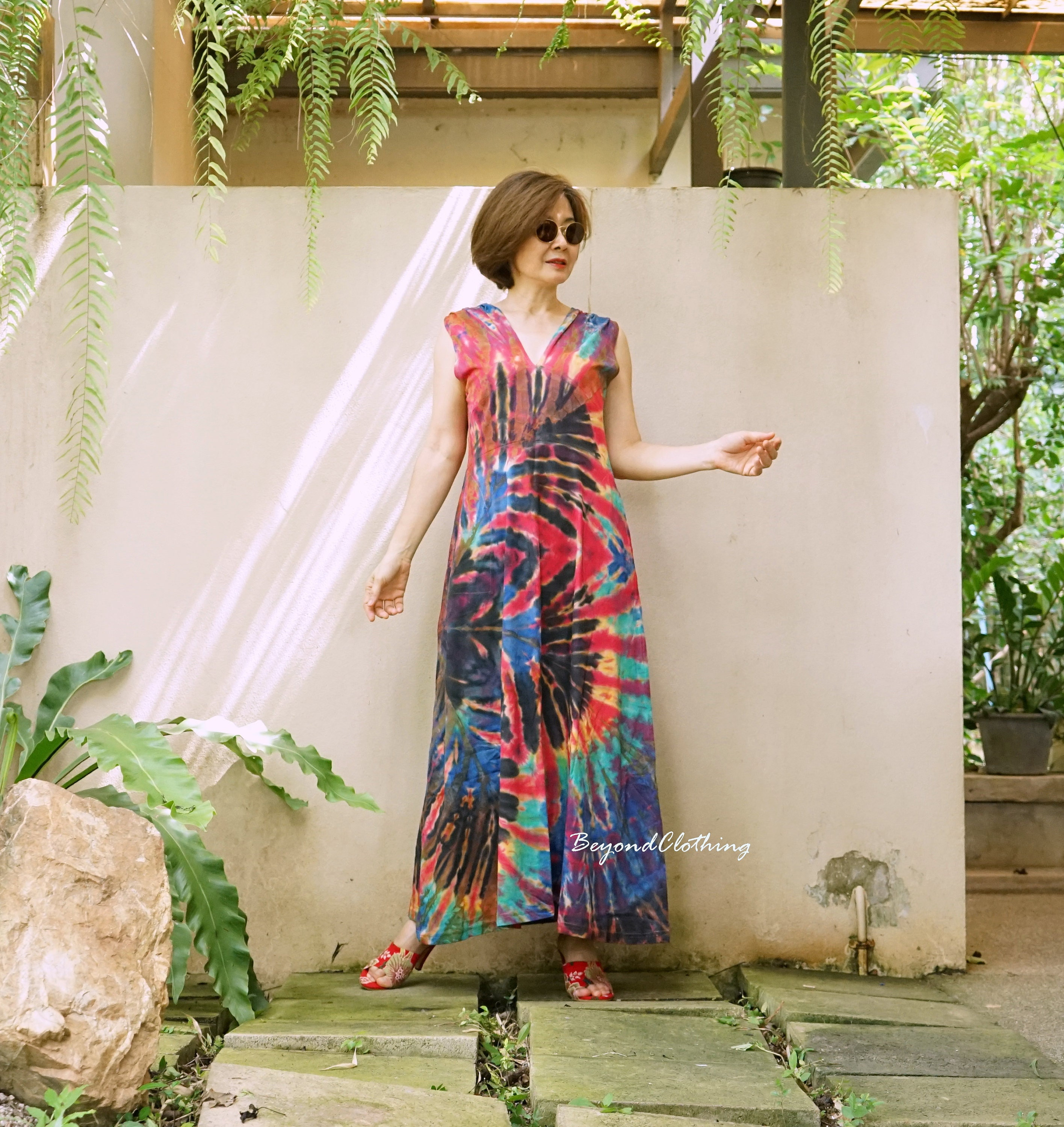tie dye ladies dresses Rainbow Tie Dye Maxi Dress: Sleeveless V Neck Cotton Festival Dress