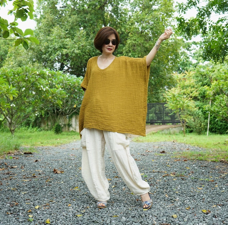 Mustard Gauze Cotton Poncho Top Oversize Plus Size Boho Loose Fit Chic Casual Lagenlook Mustard Gauze Cotton Blouse Poncho Top DB7 image 5