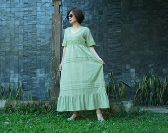 Pour les bons moments... Robe longue bohème en coton vert bohème à manches courtes et col en V avec dentelle de coton