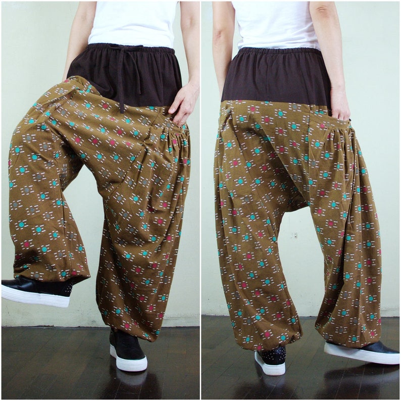 P069 Boho Funky Harem Drop Crotch Teal And Red Dot /& White Stitched Goldenrod Brown Cotton Men Women Freesize Pants With 2 Roomy Pockets
