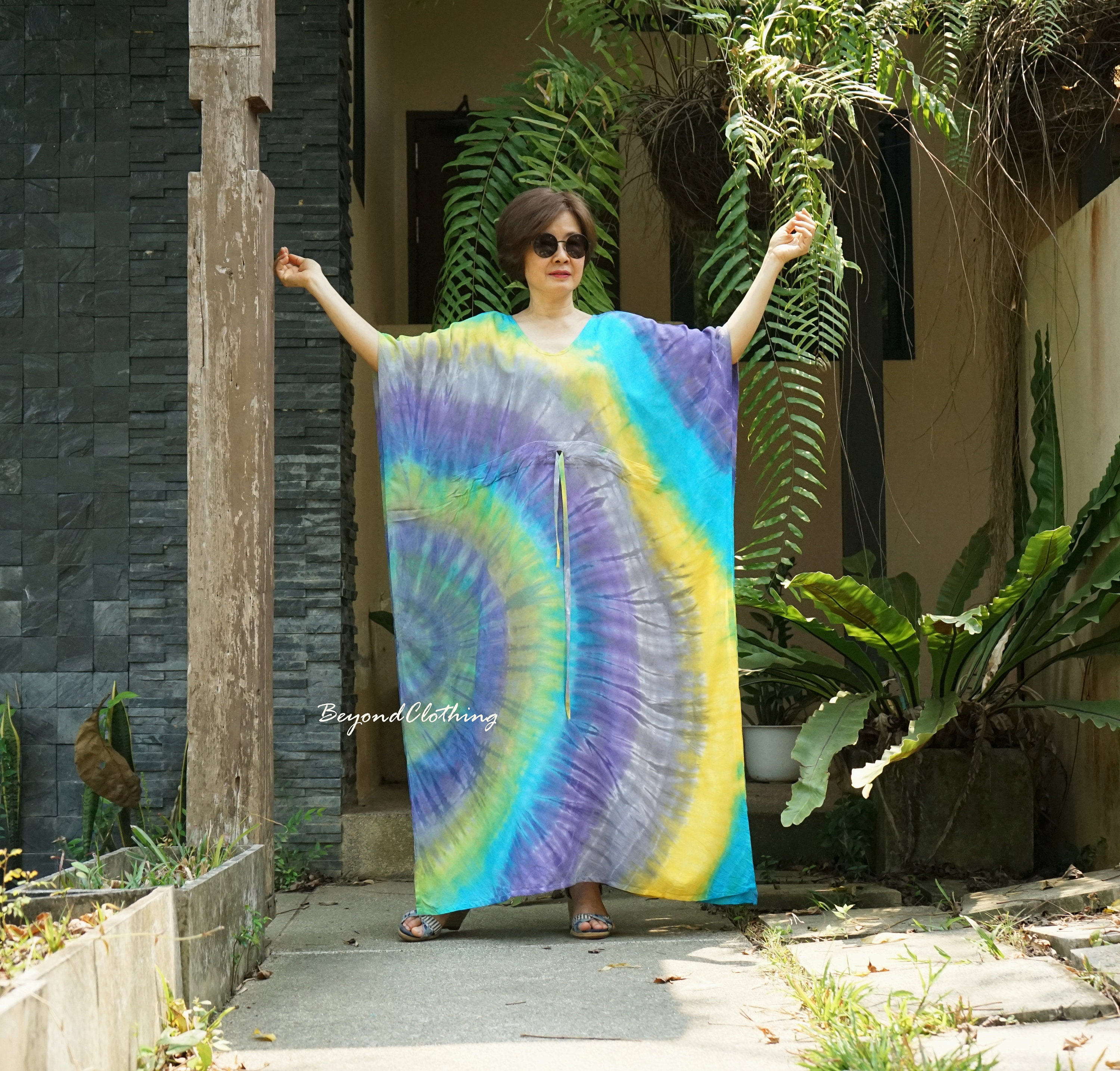 その他 dy Boho Tie Dye Rayon Kaftan Dress: V-neck Festival Beach Cover-up