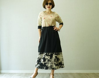 3/4 Sleeve Bird Floral Printed & Black Tie Dye Maxi Dress Women Sun Boho Dress With Drawstring Waist
