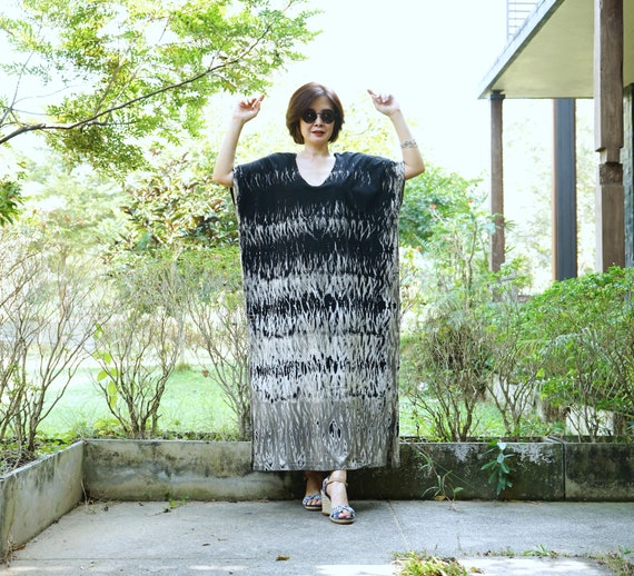 black white tie dye maxi dress Bleach Tie Dye Cotton Maxi Dress: Oversize Boho Kaftan