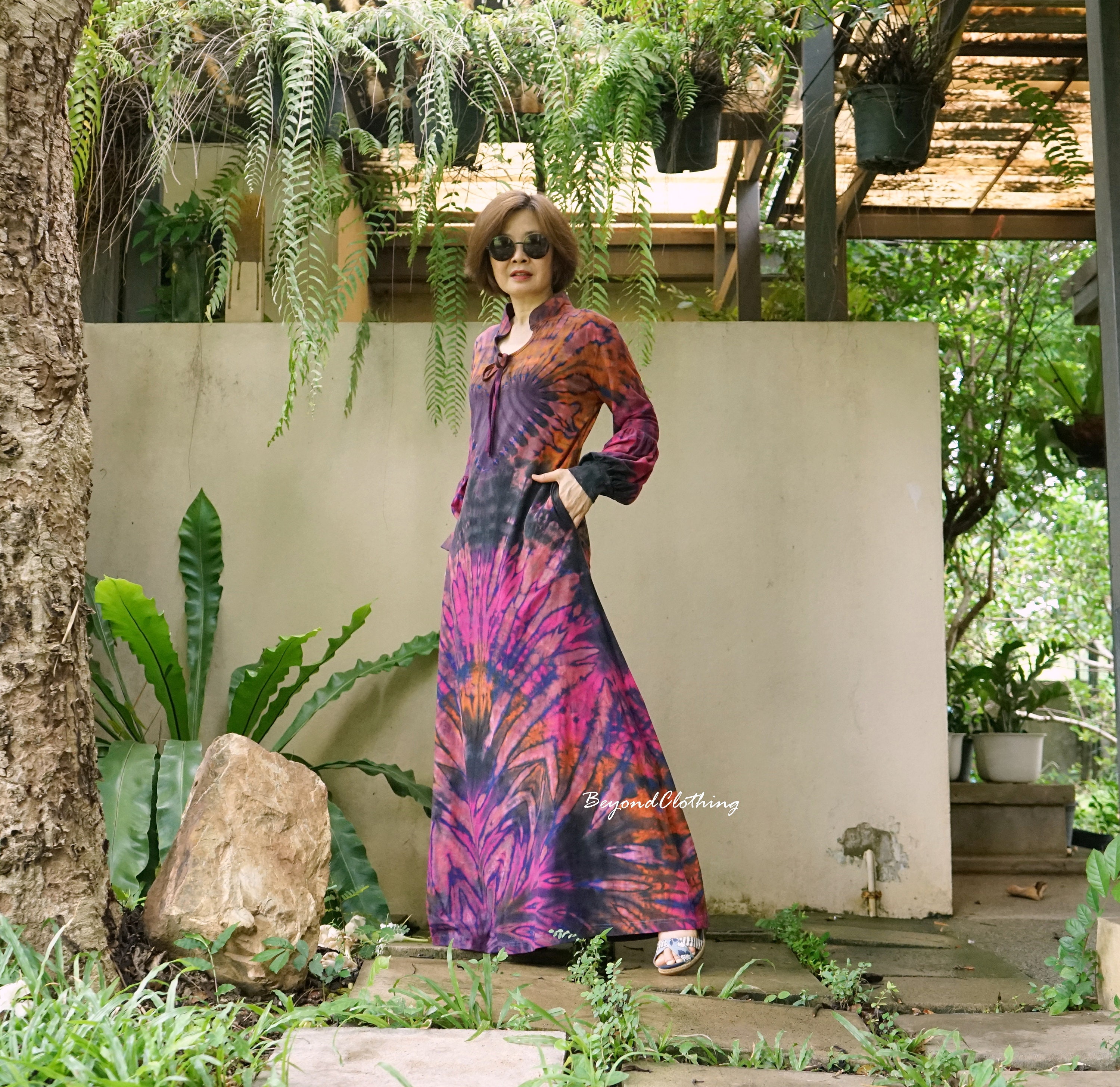Boho Tie Dye Maxi Dress: Long Sleeve Cotton Festival Dress