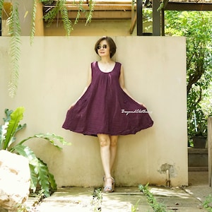 Oversize Loose Boho Tunic Top Casual Chic Sleeveless Scoop Neck Plum Purple Crinkle Double Gauze Cotton Flare Boho Tunic Top Dress DB10