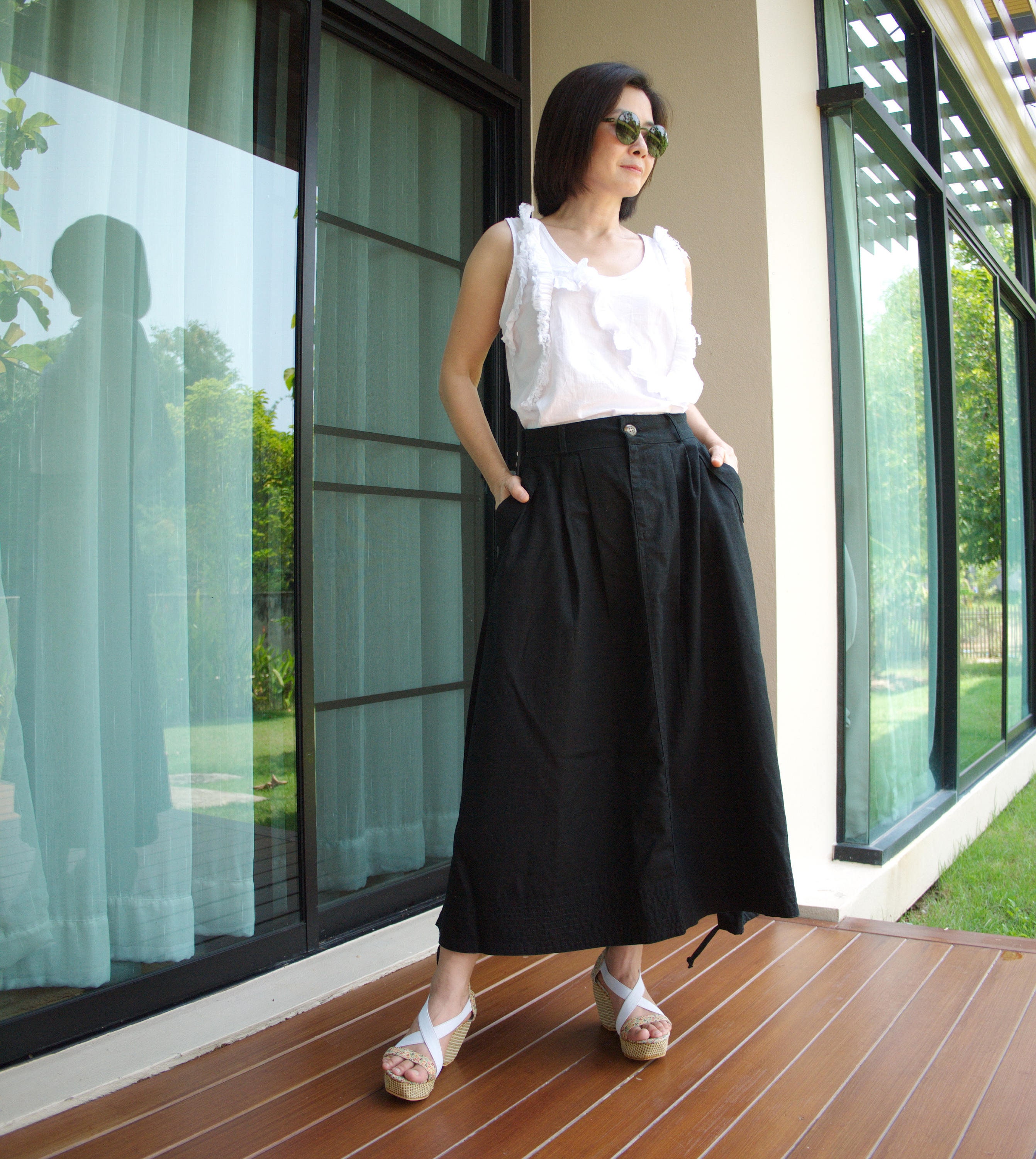 Black Cotton Linen Blend Skirt With Pockets: Boho Pleated Front