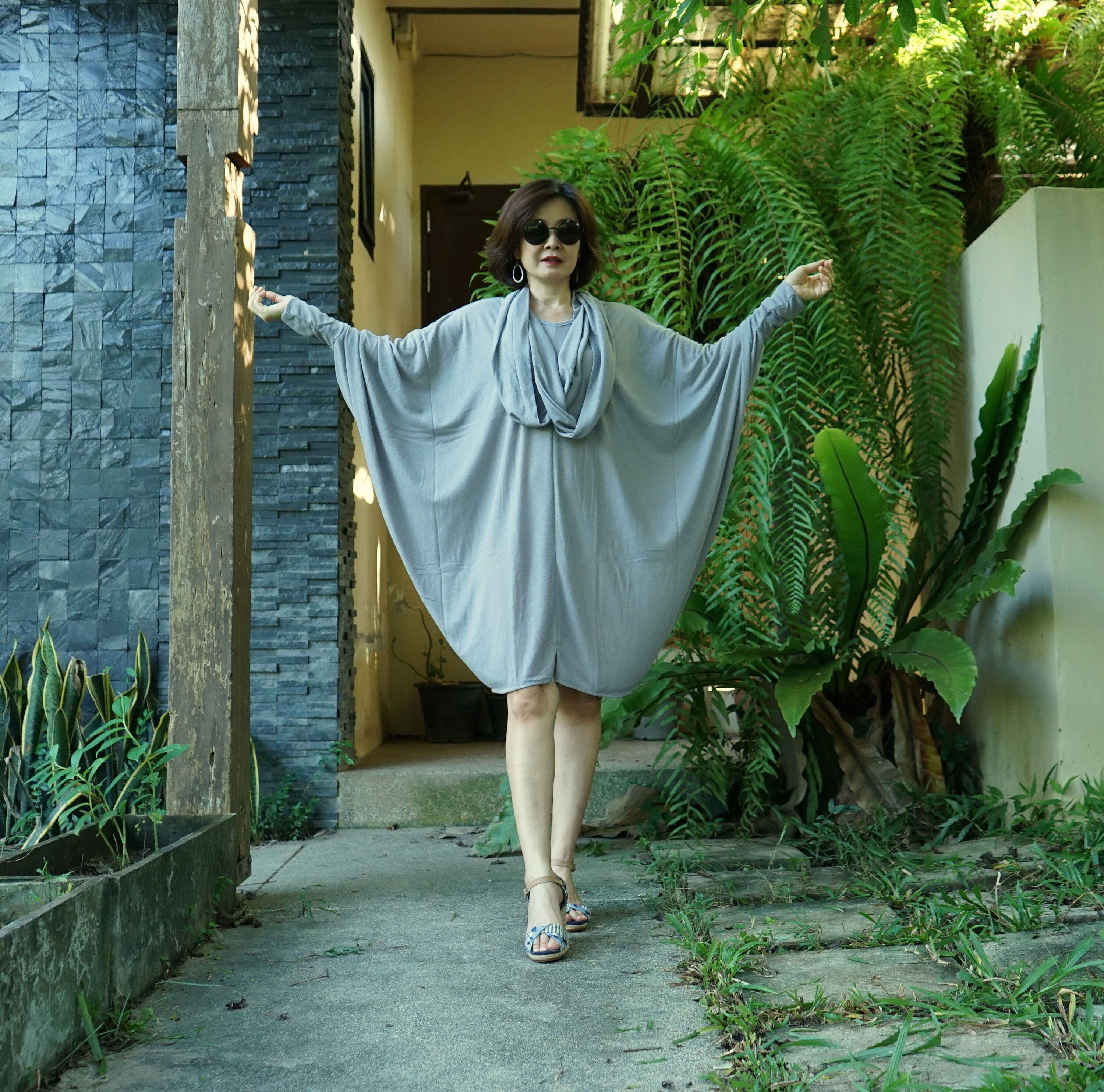 Plus Size Viscose Cocoon Dress: Gray Lagenlook Boho Tunic With