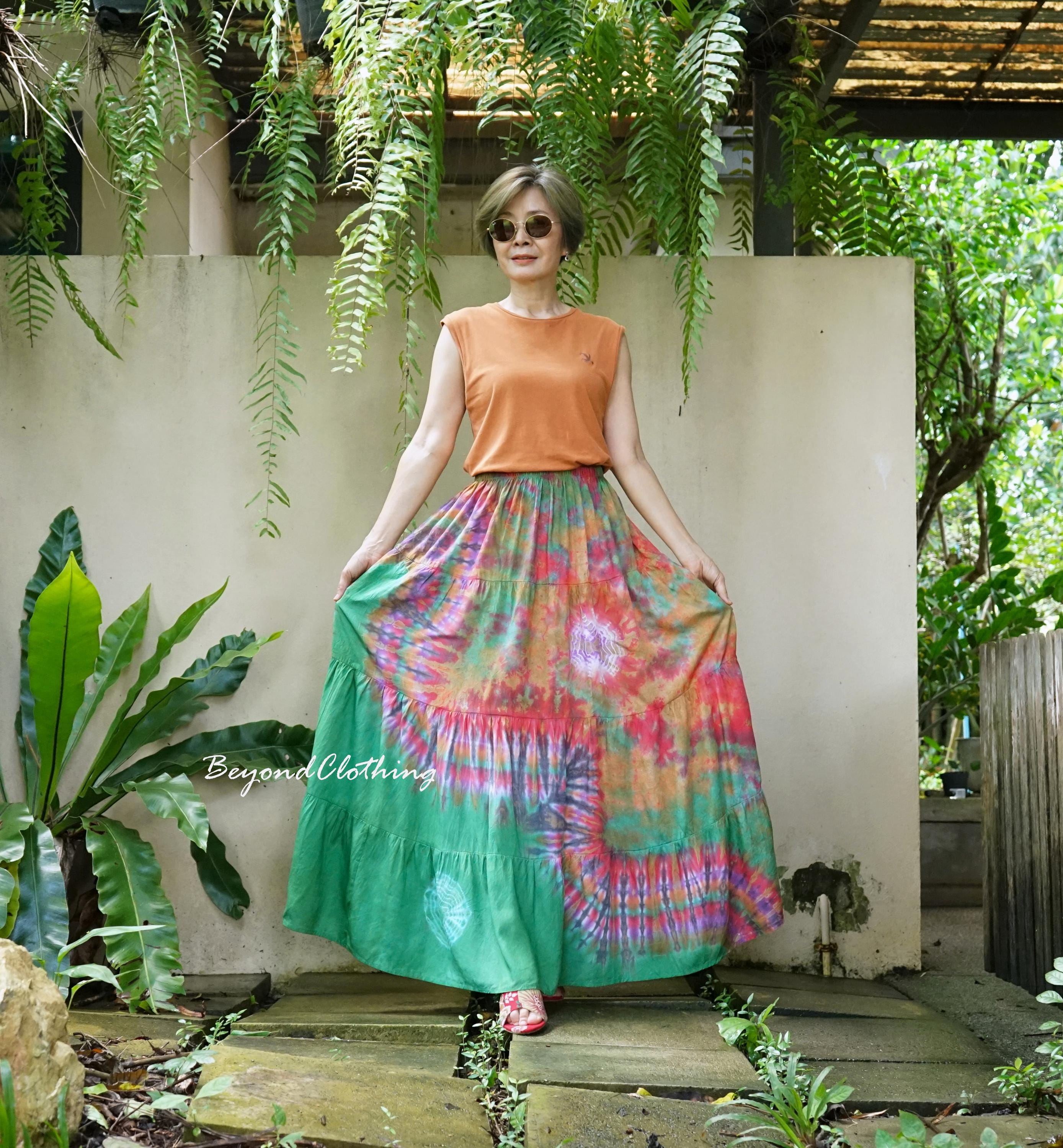 Boho Tie Dye Rayon Maxi Skirt: Reversible Elastic Waist, Summer