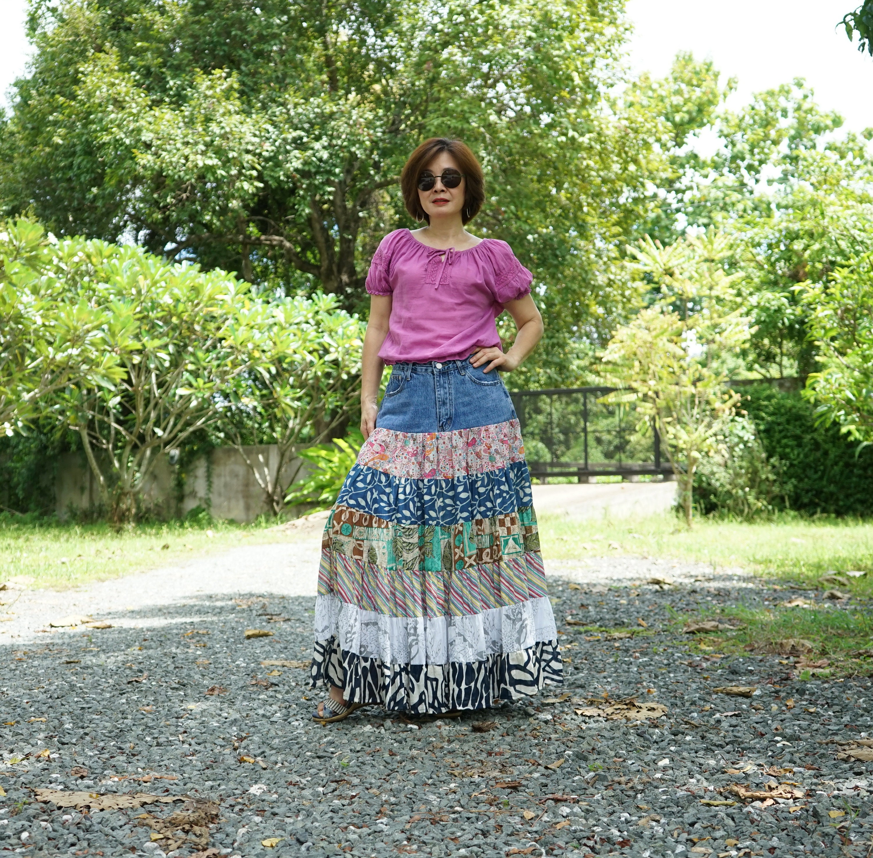 Boho Hippie Funky Full Circle Printed Tiered Maxi Denim
