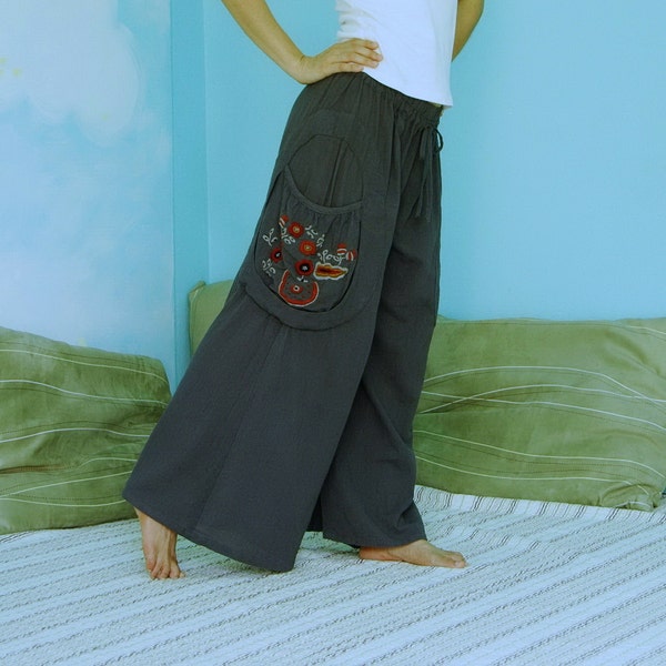 Look At Me Now...Simply Wide Legs Dark Blueish Charcoal Cotton Pants With Floral Hand Embroidered Detail On Right Pocket