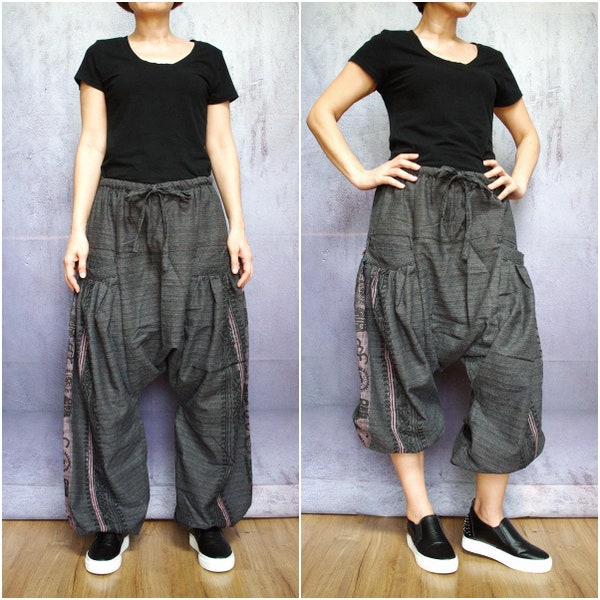 Boho Funky Hippie Ninja Harem Stylish Printed Heather Black Cotton Mix Polyester Men Women Freesize Pants With 2 Roomy Pockets- P057