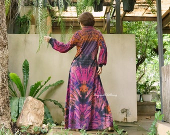 Boho Tie Dye Maxi Dress: Long Sleeve Cotton Festival Dress - LD22G Boho Tie Dye Maxi Dress: Long Sleeve Cotton Festival Dress - LD22G