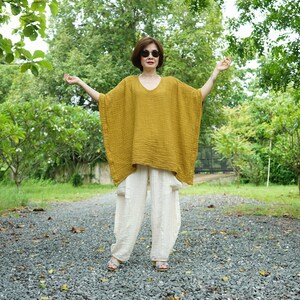Mustard Gauze Cotton Poncho Top Oversize Plus Size Boho Loose Fit Chic Casual Lagenlook Mustard Gauze Cotton Blouse Poncho Top DB7 image 4