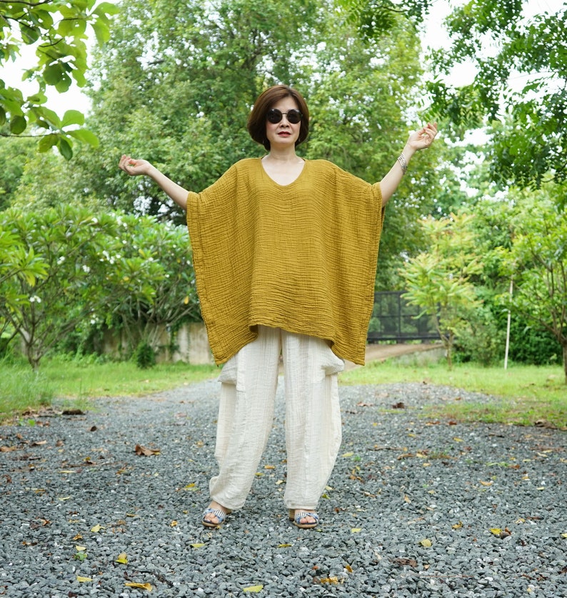 Mustard Gauze Cotton Poncho Top Oversize Plus Size Boho Loose Fit Chic Casual Lagenlook Mustard Gauze Cotton Blouse Poncho Top DB7 image 4