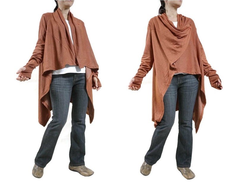 Oversized Funky Boho Long Sleeve Dusty Orange Draped Front Open Vest Blouse Cardigan Sweater C001