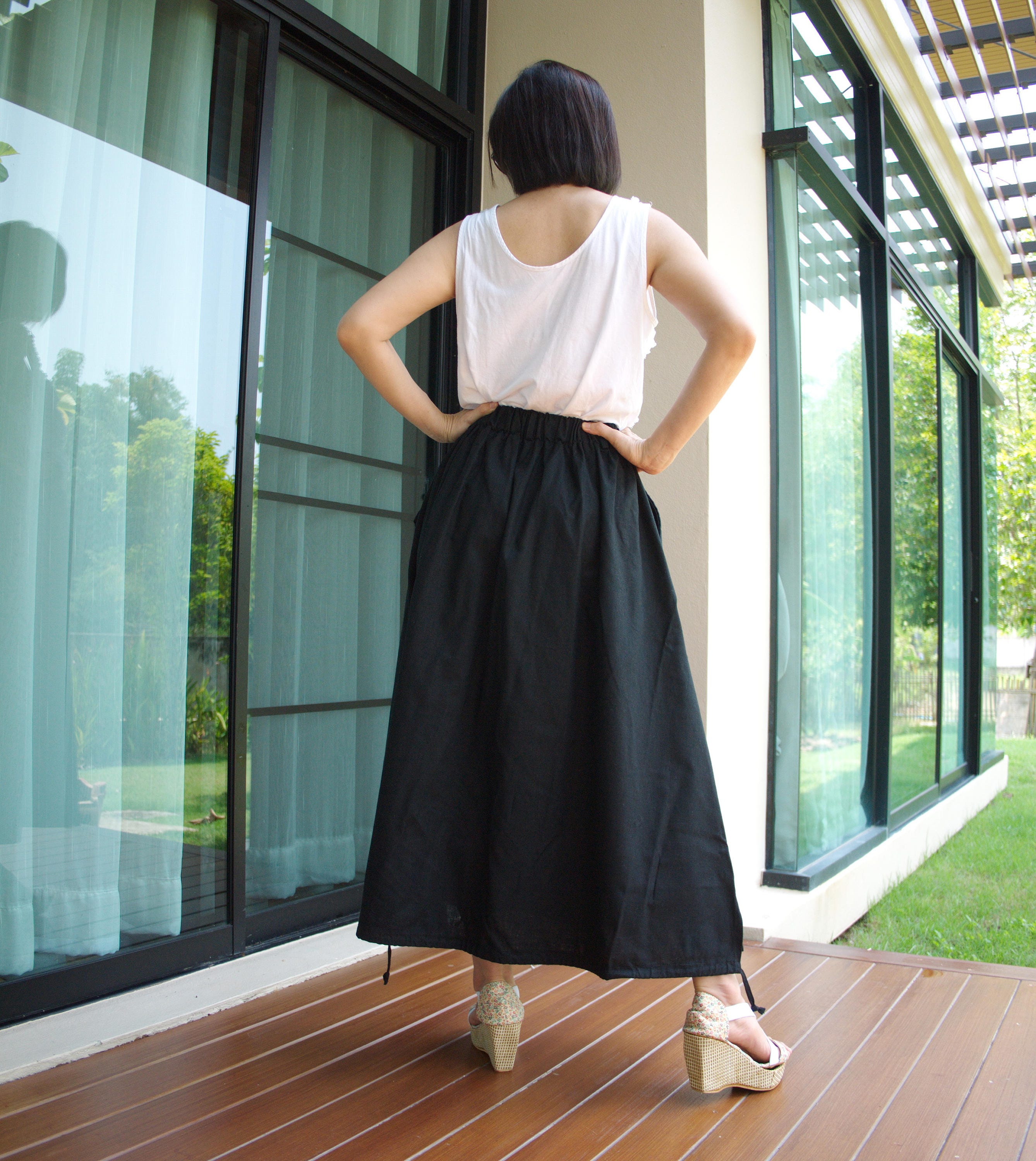 Black Cotton Linen Blend Skirt With Pockets: Boho Pleated Front