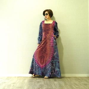 Boho Tie Dye Square Neck Long Sleeve Maxi Dress, Rainbow Dress, Festival Clothing Extravagant Dress - LD13D