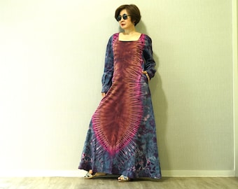 Boho Tie Dye Square Neck Long Sleeve Maxi Dress, Rainbow Dress, Festival Clothing Extravagant Dress - LD13D